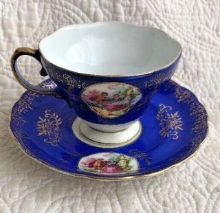 Royal Sealy Tea Cup And Saucer Courting Couple & Royal Blue Gold Gilt Teacup