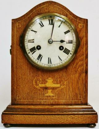 Antique German 8 Day Sweep Top Inlaid Oak Gong Striking Mantel Clock