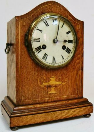 Antique German 8 Day Sweep Top Inlaid Oak Gong Striking Mantel Clock 2