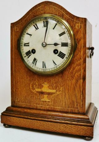 Antique German 8 Day Sweep Top Inlaid Oak Gong Striking Mantel Clock 3