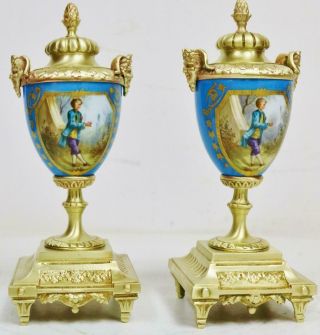 Antique French Bronze & Blue Sevres Porcelain Side Clock Garnitures