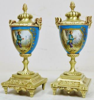 Antique French Bronze & Blue Sevres Porcelain Side Clock Garnitures 2