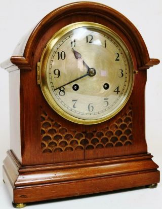 Antique English 8 Day Arched Top Carved Mahogany Striking Mantel Clock