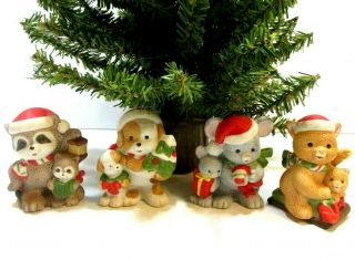Christmas Animals W Babies Set Of 4 Porcelain Homco 5180 Cat Dog Mouse Raccoon