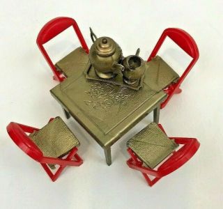 Vintage Renwal Dollhouse Furniture Table & Chairs Set 4 Gold Red Tray Teapot