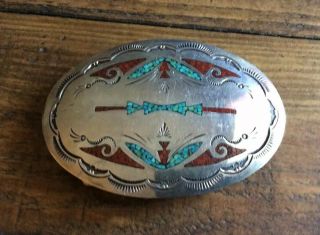 Navajo Vintage Robert Becenti Turquoise And Coral Inlay Sterling Belt Buckle