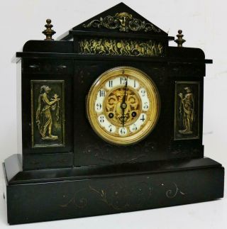 Antique French Slate & Bronze Mounts Architectural 8 Day Striking Mantel Clock