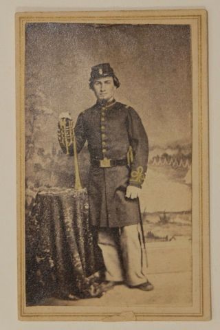 Cdv Civil War Soldier In Uniform With Bugle,  Hand Colored,  Mcgregor Iowa