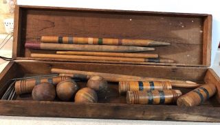 Vintage Antique Wood Croquet Set In Wood Case Box