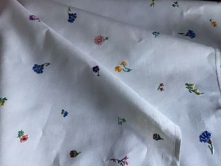 Large Vintage Irish Linen Hand Embroidered Tablecloth Lovely Individual Florals
