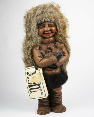 Vintage Hand Carved Alaskan Eskimo Nuni Doll Wood & Fur 8 " Tall Tag