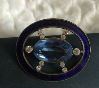 Antique Or Vintage Blue Enamel & Blue Stone Sparkly Wheel Brooch Pin Broach