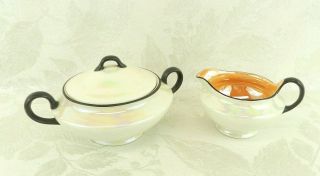 Vtg Lidded Sugar Bowl & Creamer Set Kt&k Lusterware Peach White Black Handles
