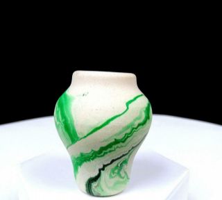 Nemadji Signed Pottery Green Marbled Swirl 2 1/8 " Mini Vase
