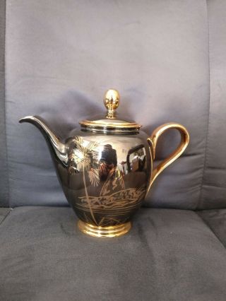 Rare Porcellana Maua Black And Gold Handpainted Vintage Teapot