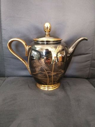 rare porcellana maua black and gold handpainted vintage teapot 2