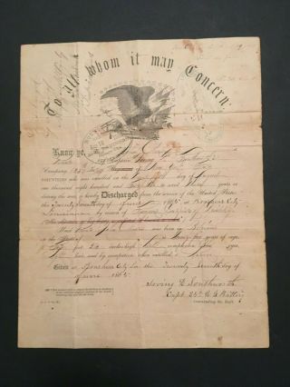 1865 Civil War,  25th Battery Ny Volunteers,  Discharge Document Signed,  Gen Canby