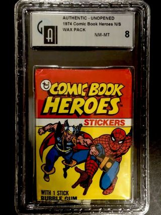 1974 Topps Comic Book Heroes Gai 8 Wax Pack Stickers Thor Spider - Man Psa