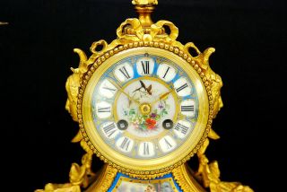 3 Pc French Antique Brass Gilt Porcelain Mounted Mantel Clock & Garniture Set