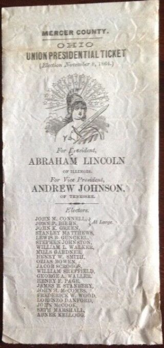 1864 Civil War Abraham Lincoln Mercer Co. ,  Ohio,  Presidential Ballot 3