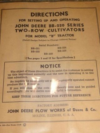John Deere Bb - 220 Series Two - Row Cultivators Operating Directions