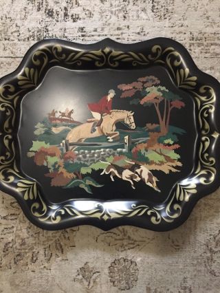 Vintage Black Metal Serving Tray With Horse And Rider