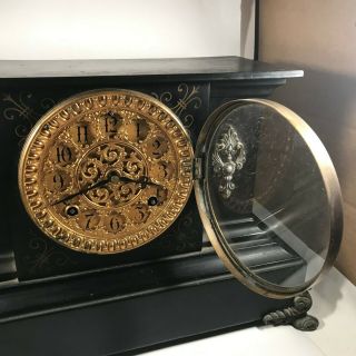 Antique ANSONIA Ornate Face Footed Black Mantle Clock 1882 3