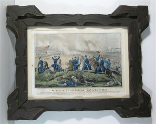 1862 Civil War Battle Of Shiloh Currier & Ives Colored Stone Lithograph Print