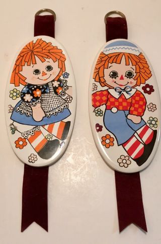 Raggedy Ann And Andy Ceramic Wall Tiles - Vintage Enesco - Velvet Hanging Ribbon
