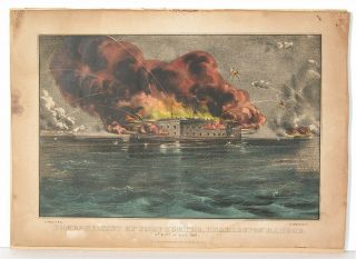 1861 Civil War Bombardment Of Fort Sumter Currier & Ives Stone Lithograph Print