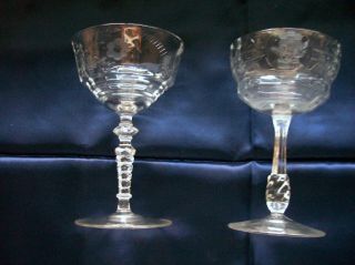 (set Of 2) Fine Antique Etched Crystal Wine Glasses Hand Blown