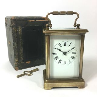 French Antique Brass Carriage Clock With Case & Key