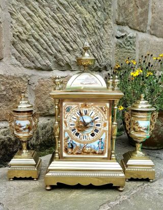 A French Clock Set C1880 Porcelain With Gilt Brass - Quality Vg