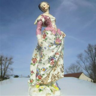 1800s Antique Meissen Porcelain Pink German Lady Victorian Figurine Flower Dress