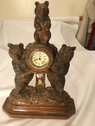 Antique Black Forest Carved Wood Bear Clock With Glass Eyes
