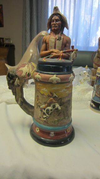 Rare Vintage Ceramic Stein Native American Bust With Buffalo,  Hunt Scenes