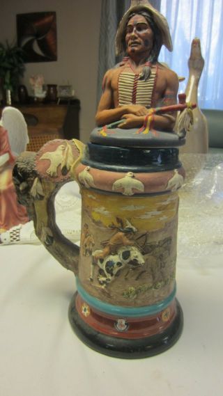 Rare Vintage Ceramic Stein Native American Bust with Buffalo,  Hunt Scenes 3