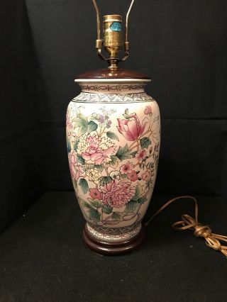 Vintage Porcelain Ginger Jar Table Top Lamp Floral Design Wooden Base 24 " C