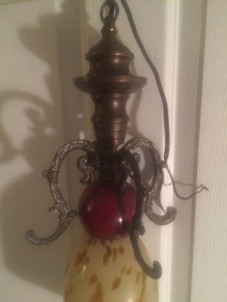 Rare Vintage Mid - Century Modern Brass Glass Hanging Lamp / Fantastic 2