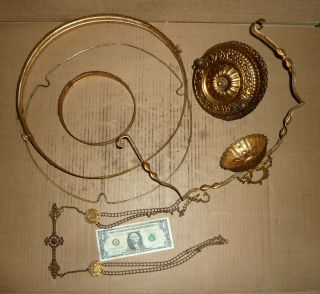 Vintage Hanging Kerosene,  Oil Lamp Parts,  Old Chain Hung Light,  1892,  Brass,  Antique