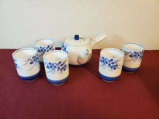 Japanese Asian Tea Set Blue And White Ceramic 5 Cubs W/ Tea Pot
