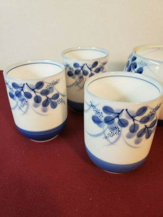 Japanese Asian Tea Set Blue and White Ceramic 5 Cubs w/ tea pot 2