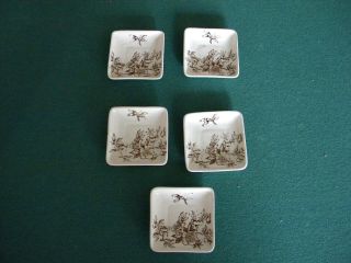 Five Antique Brown And White Transferware Butter Pats