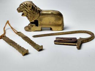 Antique Brass Asian Dog Lion Push Padlock & Keys Unique Tool