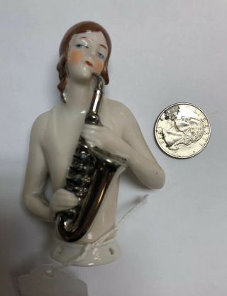 3.  5” Antique German Porcelain Half 1/2 Doll Brunette With Saxophone 7034 Se