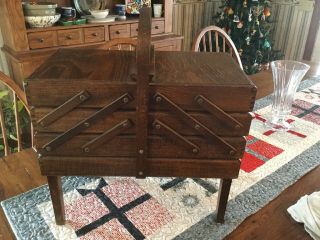 Vintage Accordian Wood Sewing Box Cabinet Romania Craft Storage Old