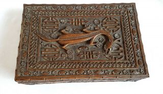 Antique Vintage Chinese Hand Carved Wooden Box Casket Dragons Oriental Symbols