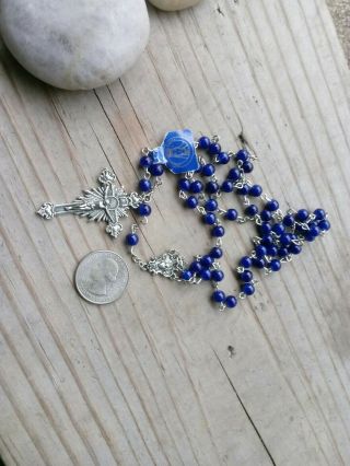 Vtg blue cobalt enamel glass bead rosary Our Lady of Fatima Rome Italy 2