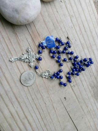 Vtg blue cobalt enamel glass bead rosary Our Lady of Fatima Rome Italy 3