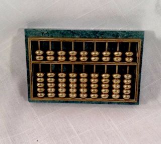 Vintage Small Brass Desk Abacus On Green Solid Marble Base,  Box